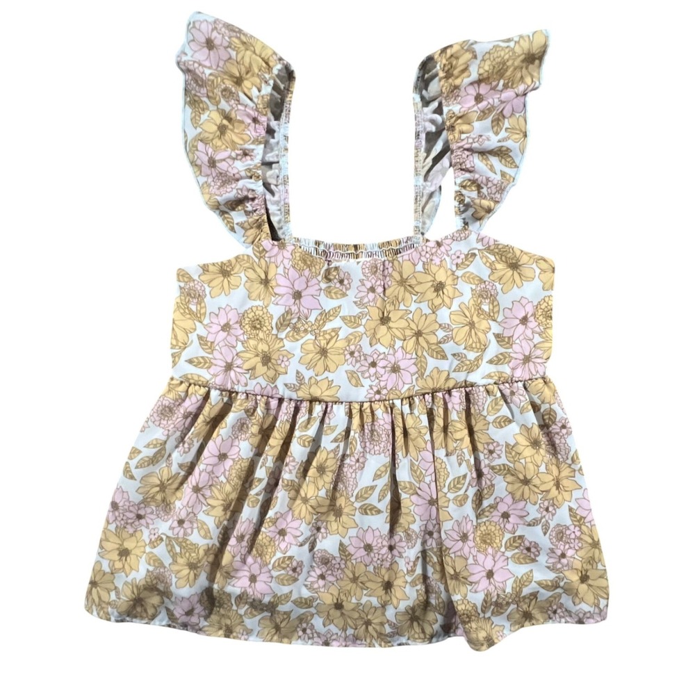 Altar'd State Babydoll Top Women Medium Yellow Pink Floral Ruffle Smocked Boho